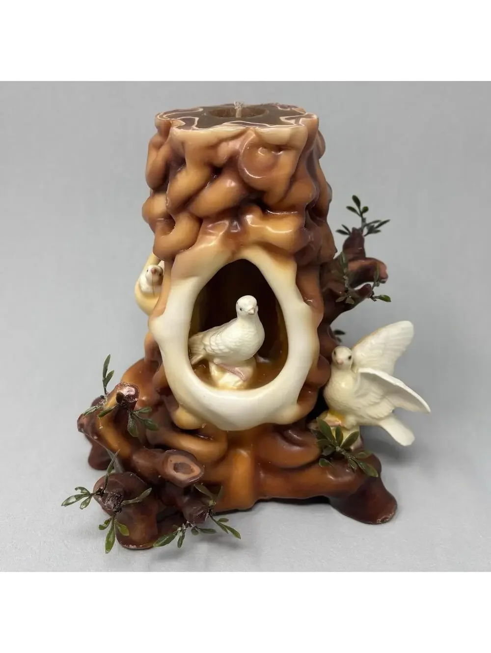 VTG Trunk Stump Candle MCM 70's Molded Wax Tree Middle Earth Woodland Doves 6.5